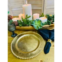 Essential Decor & Beyond 12.5" Rustic Round Aluminum Gold Charger with Beaded Rim Set of 4
