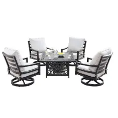 5pc Outdoor Dining Set with 42" Aluminum Square Damask Design Fire Table & Deep Seating Swivel Rocking Chairs - Oakland Living