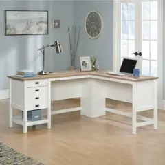 Cottage Road L-Shaped Desk with Oak Finished Top Soft White - Sauder