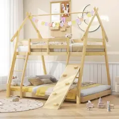 Costway Twin Over Queen Bunk Bed House Shaped Bed Frame with Climbing Nets and Ramp Gray/Natural/White