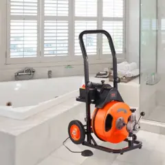 VEVOR Drain Cleaning Machine 50 FT x 3/8 Inch, Sewer Snake Machine Auto Feed, Drain Auger Cleaner with 4 Cutter & Air-Activated Foot Switch, Orange