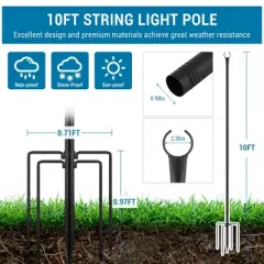 10FT Outdoor String Light Poles (8-Pack) &ndash; Heavy Duty Metal Hanging Poles for Patio, Garden & Backyard