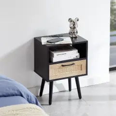 KWPZQEB Rattan Nightstand, Bed Side Table with Drawer & Open Shelf, Modern Wooden Night Stand for Bedroom Living Room Small Space