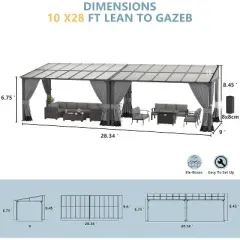 ALAULM 10&rsquo; x 28&rsquo; Wall Mount Gazebo Outdoor Pergola, Lean to Gazebo Canopy Awnings with Sloped Roof and Steel Frame