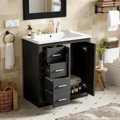 Wooakway 30"L Black Bathroom Vanity with Ceramic Sink and Soft Close Drawers