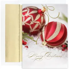 Masterpiece Studios Holiday Collection 18-Count Boxed Christmas Cards with Foil-Lined Envelopes, 7.8" x 5.6", Embossed Red & Gold Ornaments (849900)