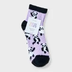 Women's Pandas 2pk Cozy Quarter Crew Socks - Purple/White 4-10: Midweight Velour Ribbed, Animal Pattern