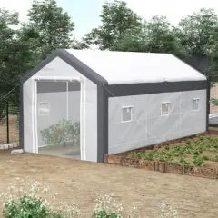 Outsunny 20' x 10' x 9' Walk-In Greenhouse, Outdoor Gardening Canopy with 6 Roll-up Windows, 2 Zippered Doors & Weather Cover, White
