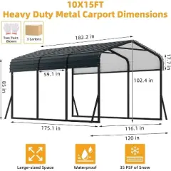 Carport, Metal Carport 10x15 FT - Outdoor Canopy with Reinforced Base & Galvanized Steel Roof, Heavy Duty Shelter for SUV Truck Boats