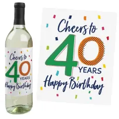 Big Dot of Happiness 40th Birthday - Cheerful Happy Birthday - Colorful Fortieth Birthday Party Decor - Wine Bottle Label Stickers - Set of 4