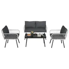4-Piece Patio Sectional Set - Handmade Rattan & Metal Frame Sofa with Coffee Table, for Backyard, Garden and Poolside, Grey
