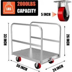 2 in 1 Heavy Duty Platform Truck with 1 Front & 2 Side Handrails, Panel Truck Cart, 2000Lb Capacity Drywall Cart with Swivel Casters, Flatbed Dolly
