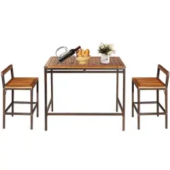 Costway 3 PCS Patio Rattan Wicker Bar wood Table Chair Outdoor