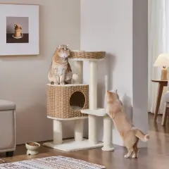 Yaheetech 36&Prime; Tall Rattan Cat Tree with Natural Sisal Scratching Post, Hanging Ball, Condo, Basket, Clear Bowl