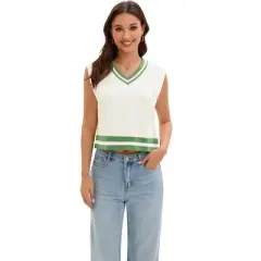 ATHLECHIC Women's Summer Knit Color Block Sleeveless V Neck Loose Fit Preppy Trendy Tank Tops