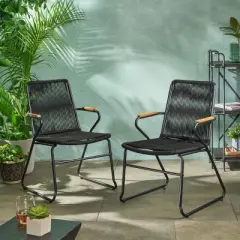 Set of 2 Outdoor Patio Accent Chairs with Rope-Woven Seat and Backrest, Modern Garden Armchairs for Balcony or Backyard-The Pop Home
