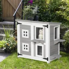 PawHut 2-Tier Cat House, Outdoor Feral Cat Shelter, with Weather Resistant Roof, Escape Door, PVC Curtain, Glass Window