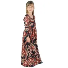 24seven Comfort Apparel Girls Black and Red Paisley Long Sleeve Pleated Maxi Dress