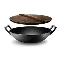 NutriChef Pre Seasoned Nonstick Cooking Wok Cast Iron Kitchen Stir Fry Pan w/ Wooden Lid for Gas, Electric, Ceramic, & Induction Countertops (2 Pack)