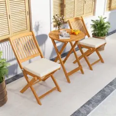 Tangkula 3 PCS Patio Bistro Set Acacia Wood Folding Set w/ Round Coffee Table & Padded Cushion Outdoor Chair and Table Set for Balcony Garden Beige