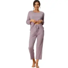 cheibear Women's Loose Soft Sleepwear Long Sleeve Shirt and Wide-leg Sleep Pants 2 Pcs Modal Pajama Sets
