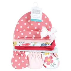 Hudson Baby Infant Girl Cotton Cap and Scratch Mitten Set, Modern Botanical, 0-6 Months