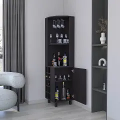 Gulches Wengue Finish Storage Shelf with 4 Spacious Shelves, Built in Glass Holder and Wine Rack for Elegant Display