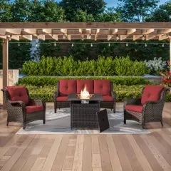 4 Pieces Outdoor Patio Furniture Set with Fire Pit Table, PE Resin All Weather Wicker Patio Propane Fire Pit Set with Patio Couch, Club Chairs in Red