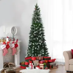 Costway 7.5ft Snow Flocked Pencil Christmas Tree Hinged Pine Cones