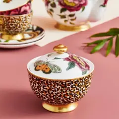 Spode Creatures of Curiosity Sugar Bowl with Lid - 7oz Fine China Bowl with Hand-Painted 22-Carat Gold Decal & Leopard Motif