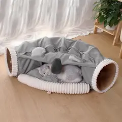 LOVSON Foldable Cat Tunnel Bed, designed for indoor cats, cat hideaway tunnel with hanging toy and soft cushion, washable, gray