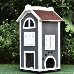 PawHut 43"H Wooden Cat House Feral Cat Shelter Outdoor Kitten Condo 3-Floor Pet Habitat with Asphalt Roof, Escape Doors, Inside Stairs, gray and White