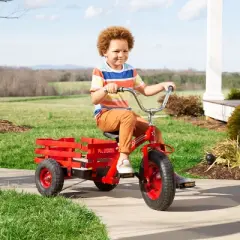 HearthSong Kids Classic Red Metal Tricycle with Attached Slatted-Wood Wagon