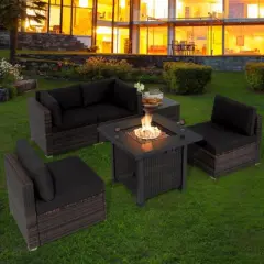 Tangkula 6 Piece Patio Wicker Conversation Set, Outdoor Rattan Sofa Set w/ 32" Propane Fire Pit Table, 50,000 BTU Heat, Tempered Glass Tabletop Black/Navy Blue/Red/Turquoise/Off White