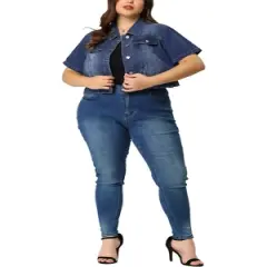 Agnes Orinda Women Plus Size Denim Jacket Crop Fray Roll Short Sleeves Jean Jackets