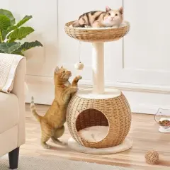 Yaheetech Rattan Cat Tree Cat House with Natural Sisal Scratching 
Post, Beige