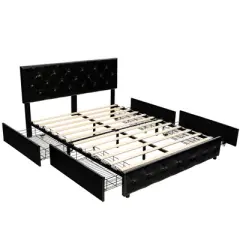 Costway Upholstered Platform Bed w/ 4 Drawers PU Leather Button Tufted Headboard