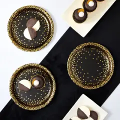 Blue Panda 48 Pack Black and Gold Paper Plates with Gold Foil Dots, Birthday, Graduation, New Years, Retirement, 1920's Dinner Party Supplies, 9 In