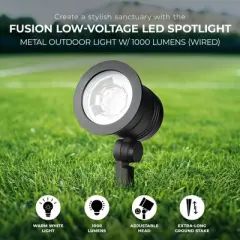 Fusion Wired Low-Voltage LED Spotlight, Metal Outdoor Patio Lawn Landscape Ground Stake Light with Adjustable Head, 1000 Lumens, Black