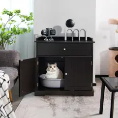 Tangkula Wooden Cat Litter Box Enclosure w/ Drawer Side Table Furniture