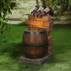 LuxenHome Resin Wine Bottle and Barrel Outdoor Fountain with LED Lights