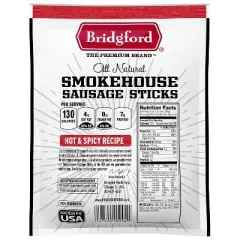 Bridgford Smokehouse Sausage Sticks Hot & Spicy 5 oz - Gluten Free High Protein Smoked Sausage Sticks for Many Dietary Preferences