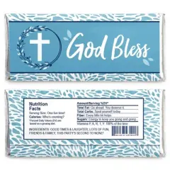 Big Dot of Happiness Blue Elegant Cross - Candy Bar Wrapper Boy Religious Party Favors - Set of 24