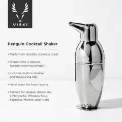 Viski Penguin Cocktail Shaker with Strainer, Stainless Steel Shaker Bottle, Bar Essentials, Home Bartender Shaker and Strainer Set, 17 oz.