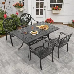 5-Piece Cast Aluminum Patio Set - Heavy Duty Rust-Proof Outdoor Dining Table & Chairs with Brown Cushions, Umbrella Hole for Backyard, Poolside