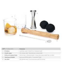 Viski Muddled Cocktail Barware Tool Set, 2 lead-free Crystal Tumblers, 2 Ice Molds, Double Jigger, Wooden Muddler, Stir Stick 7-Piece set, Multicolor