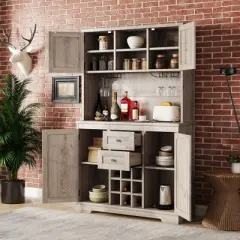 Gulches Timeless Multi-Functional Coffee and Wine Bar Cabinet Open Shelves, 9 Grid Bottle Holders, 6 Hooks and High Quality Build