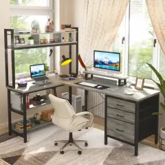 Aheaplus L Shaped Computer Desk, Gaming Desk with Hutch