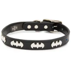 Buckle-Down Vegan Leather Dog Collar - DC Comics Batman Black with Bat Signal Embellishments & Metal Charm