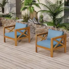 FIONECA Patio Conversation Set, 2 Acacia Wood Armchairs with Blue Cushions & Side Table, Outdoor Leisure Set for Backyard, Lawn, Balcony